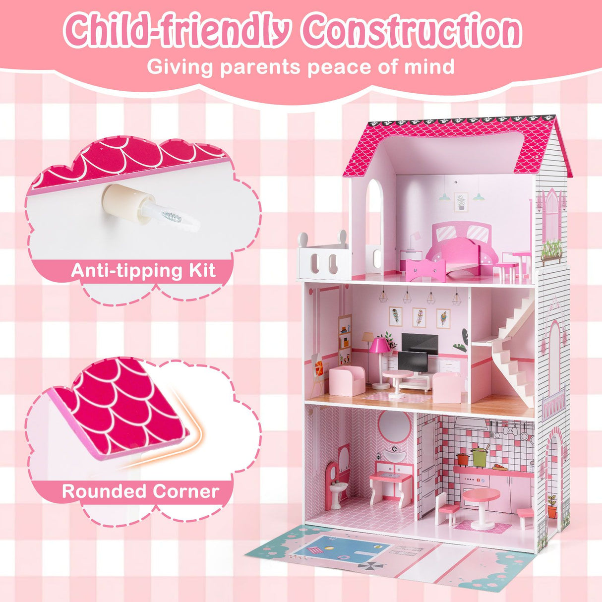 Wooden Dollhouse with 17-Piece Furniture and Staircase Accessories
