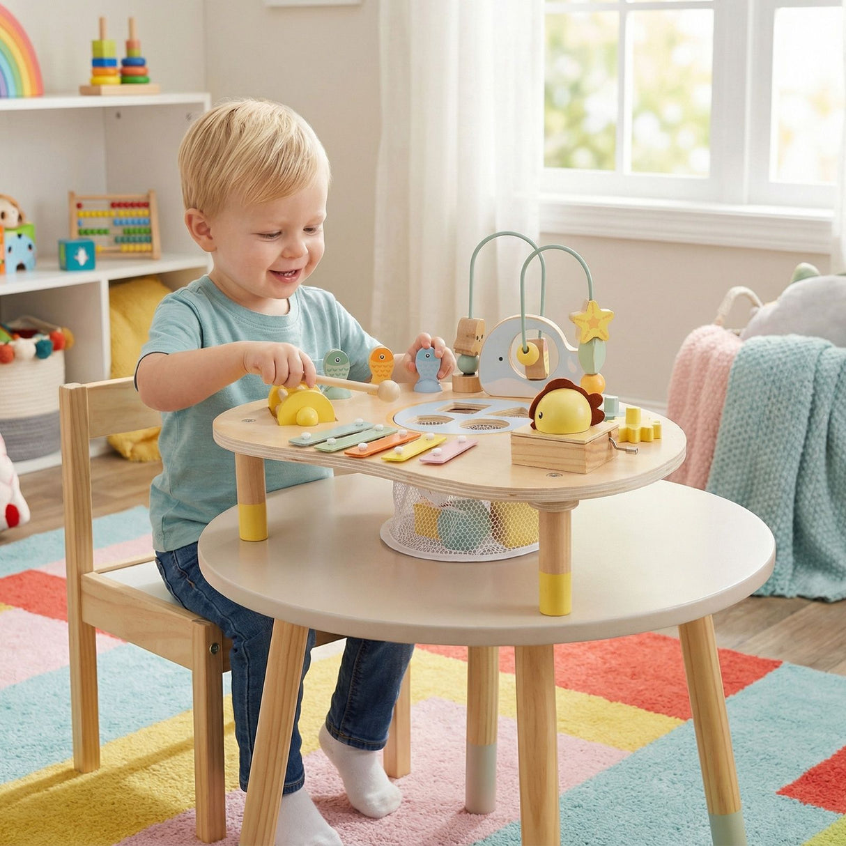Child playing with a wooden toy table in a colorful room