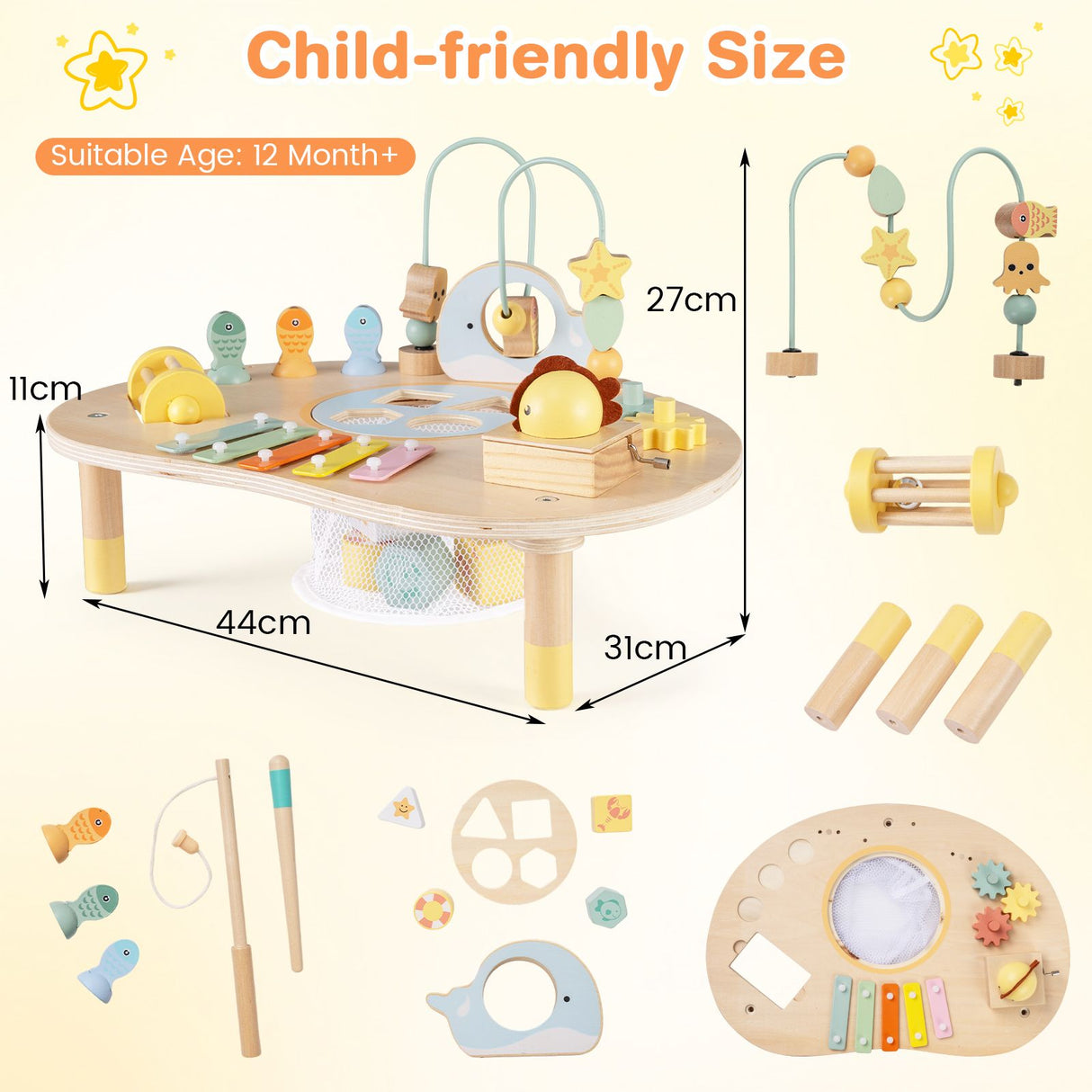 Child-friendly wooden toy set with various educational toys and measurements on a white background.