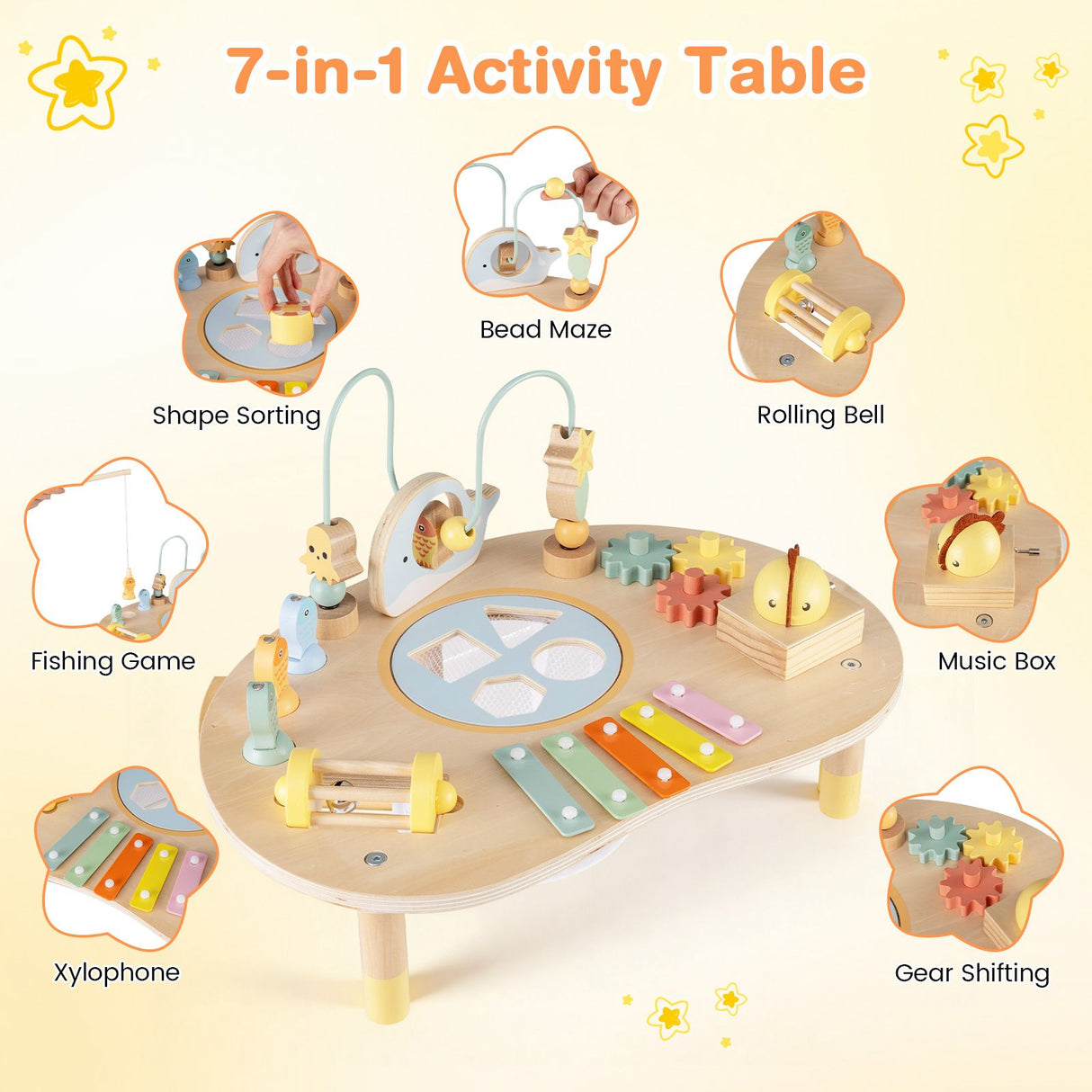 7-in-1 activity table with various educational toys on a light yellow background