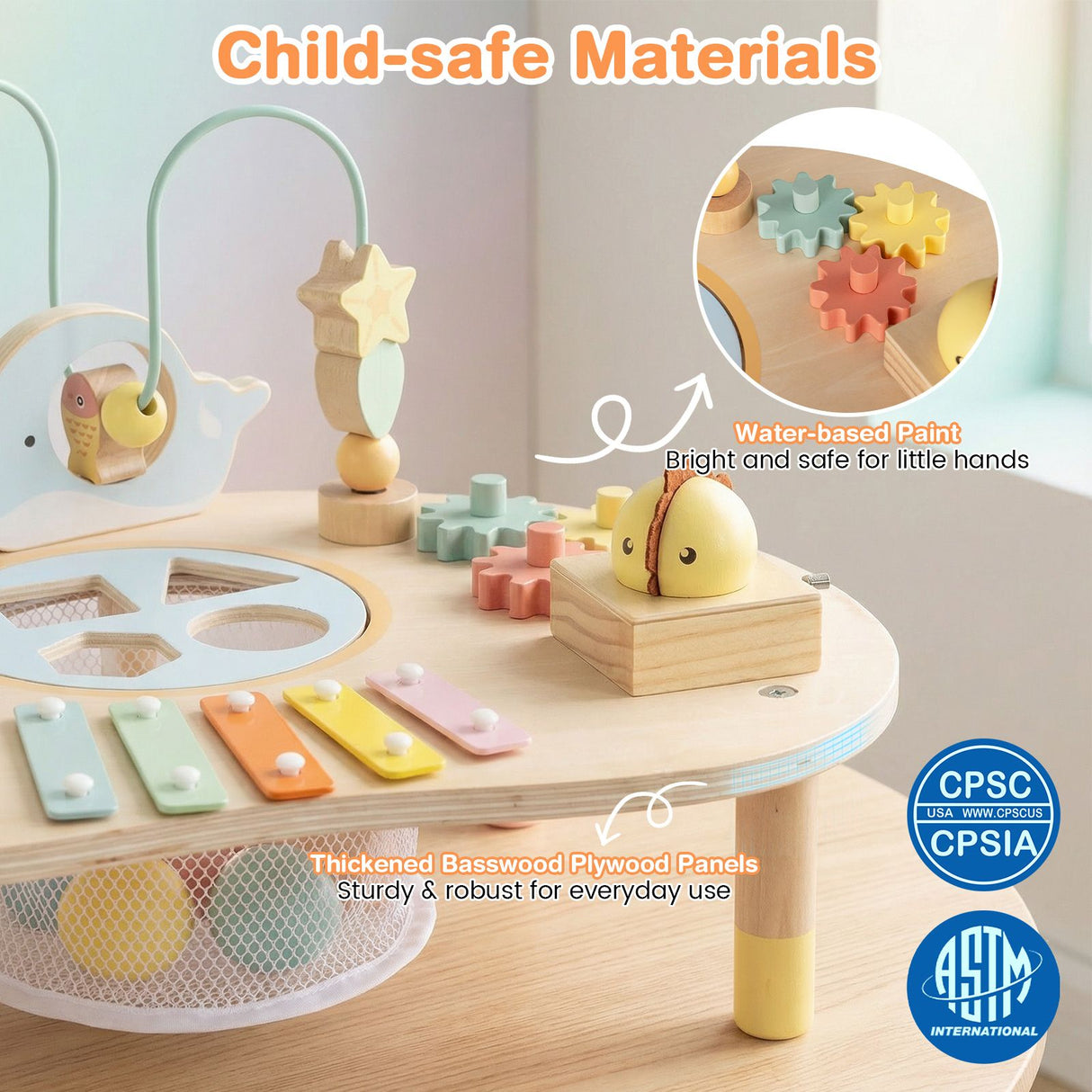 Children's wooden play set with educational toys on a light surface, featuring child-safe materials text.
