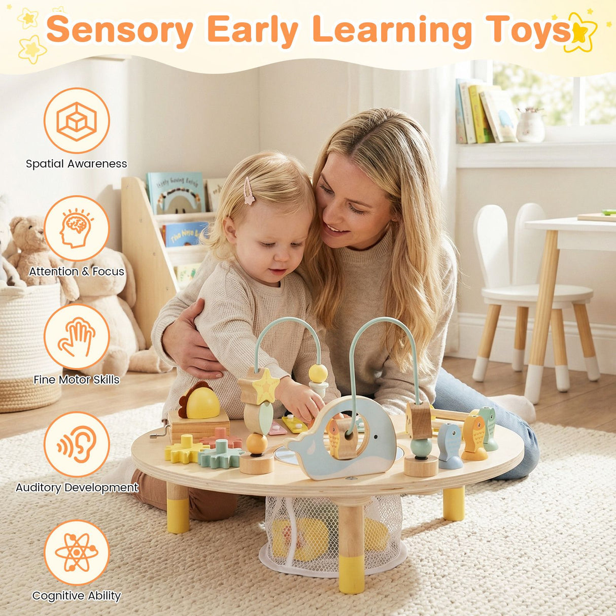Woman and child playing with a wooden toy set in a bright room, surrounded by educational toys and books.