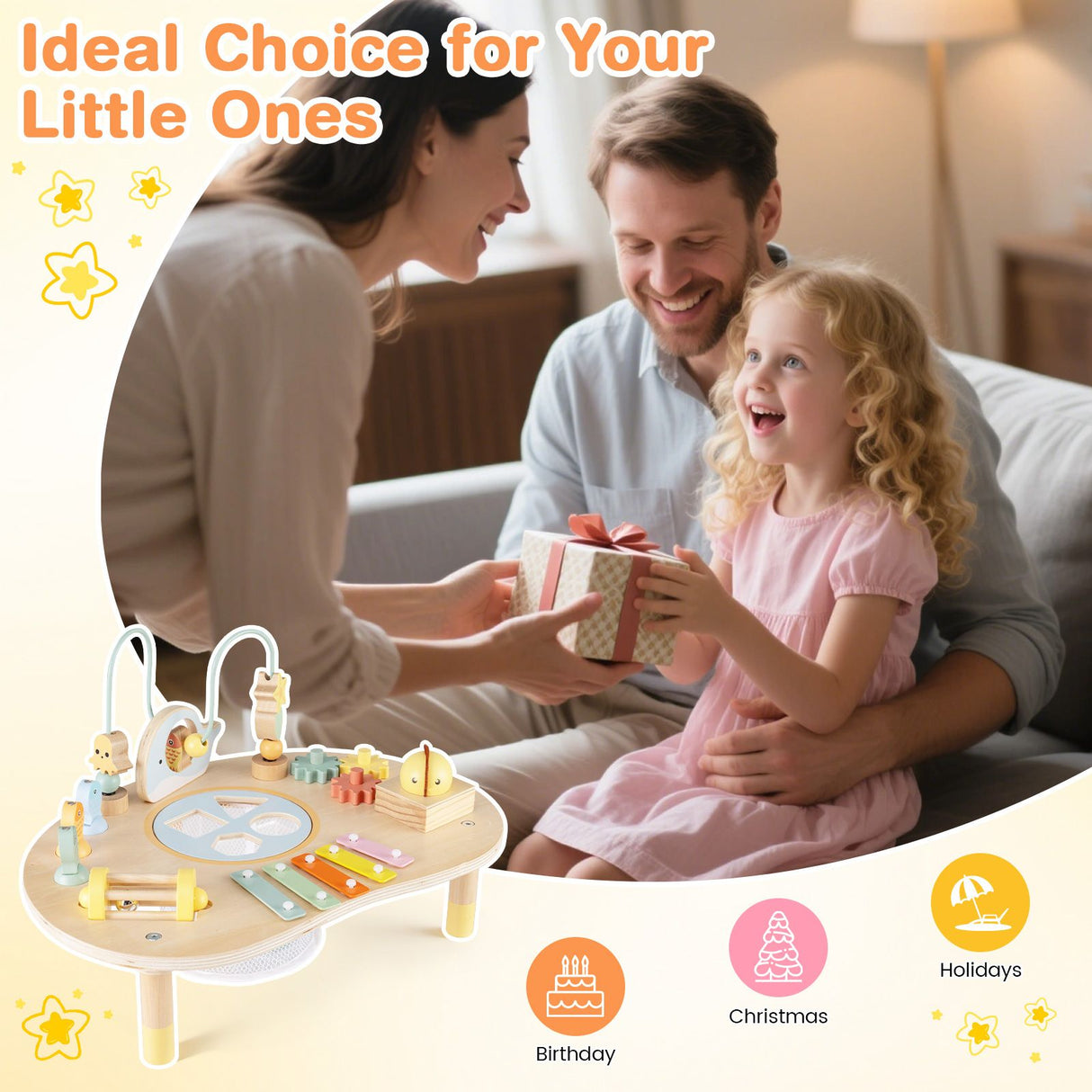 Family scene with a child receiving a gift, surrounded by toys on a table.