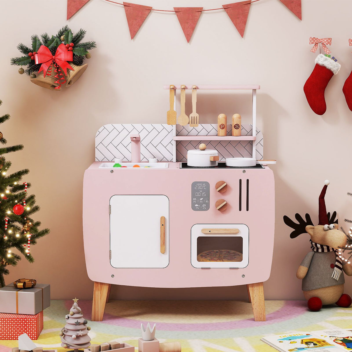 Wooden Play Kitchen with Stove and Cooking Accessories