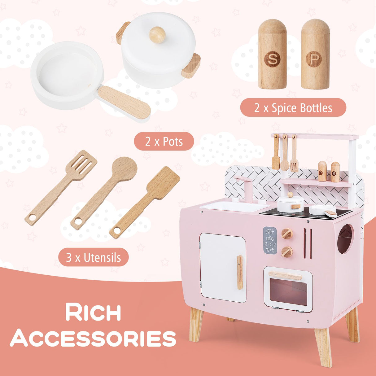 Wooden Play Kitchen with Stove and Cooking Accessories