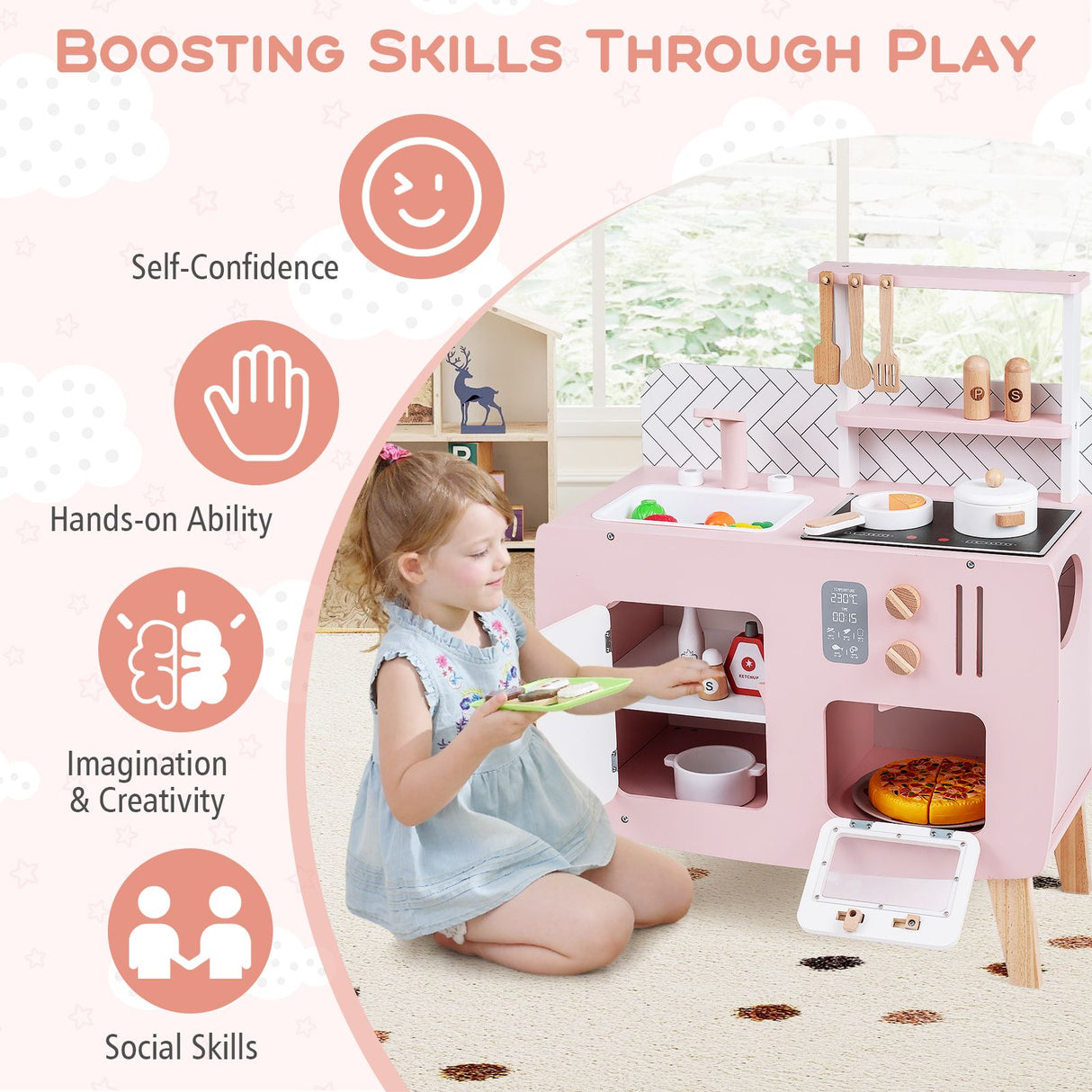 Wooden Play Kitchen with Stove and Cooking Accessories