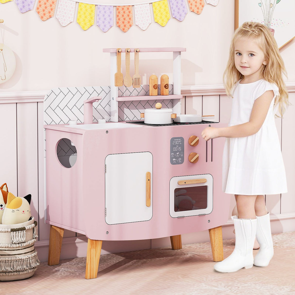 Wooden Play Kitchen with Stove and Cooking Accessories