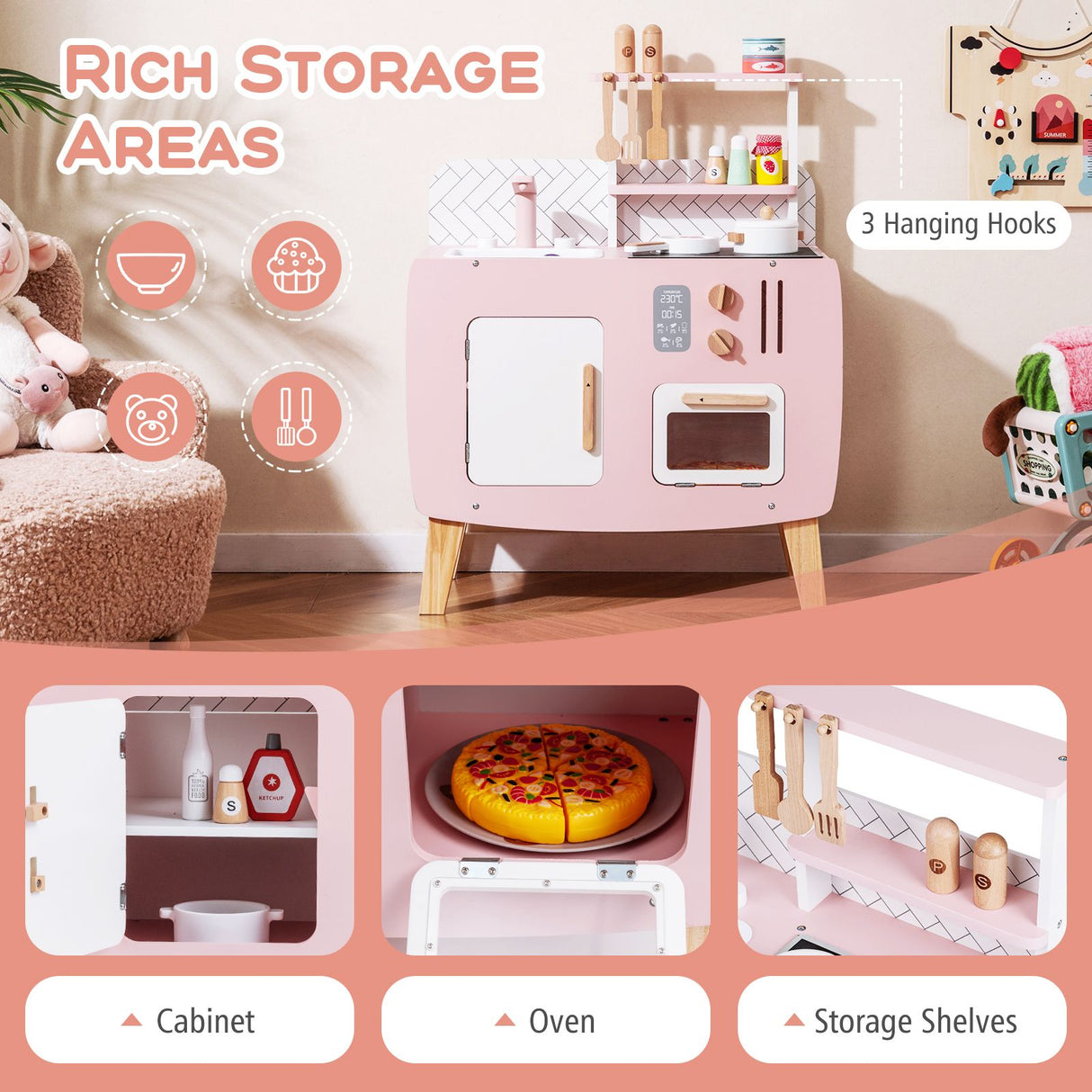 Wooden Play Kitchen with Stove and Cooking Accessories