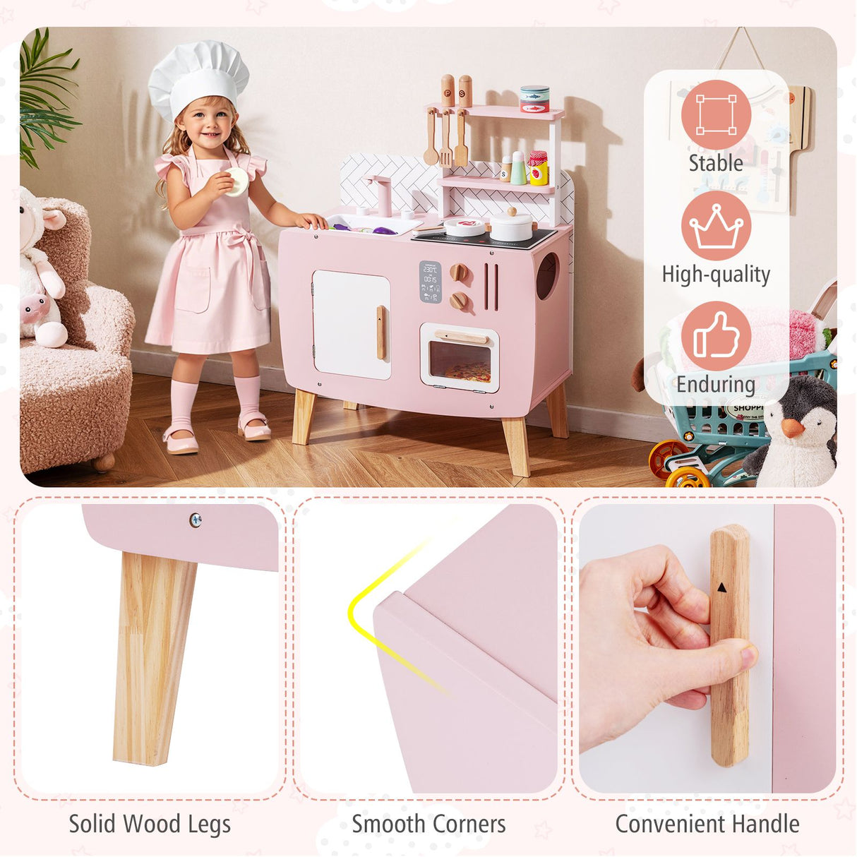 Wooden Play Kitchen with Stove and Cooking Accessories