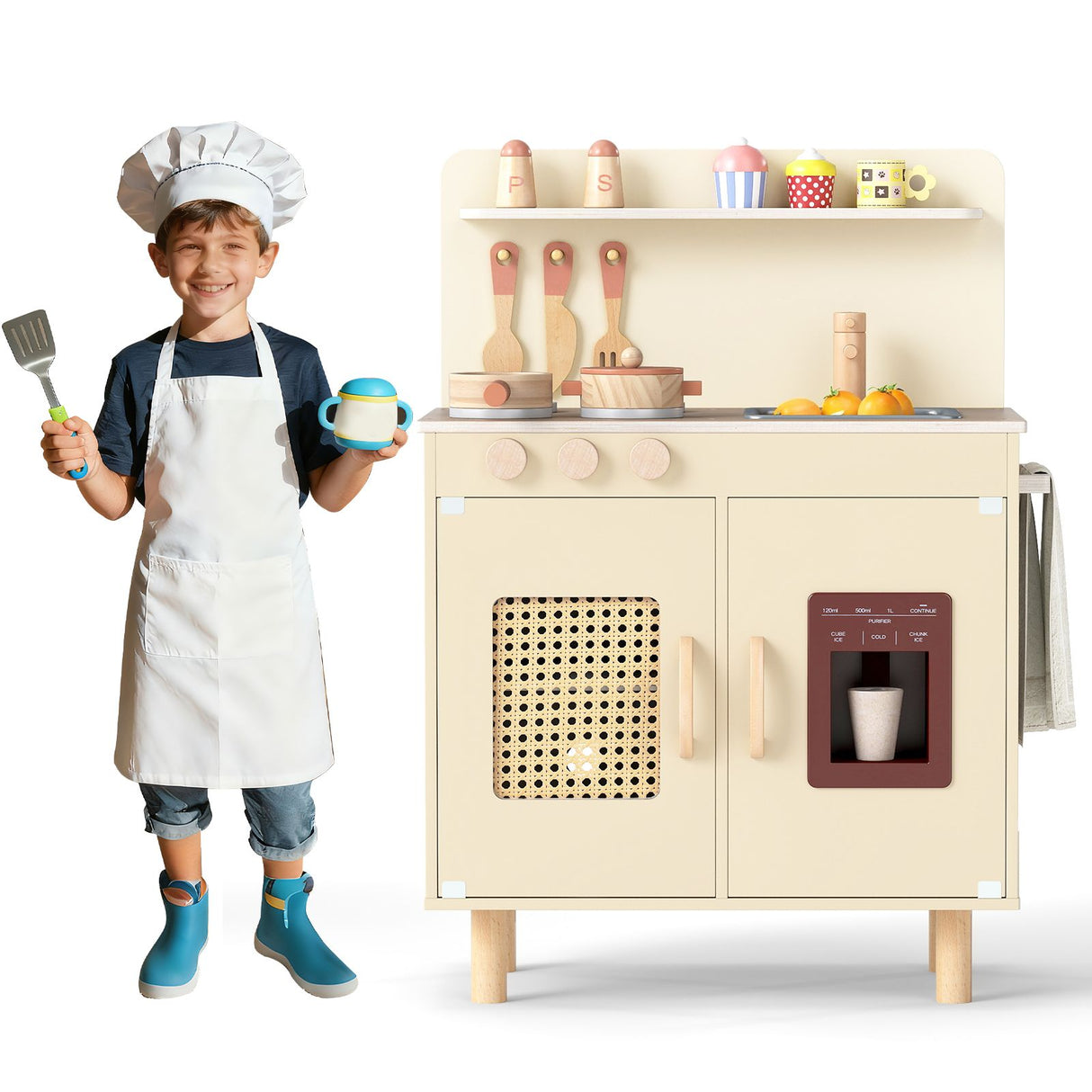 Wooden Pretend Kitchen Playset with Realistic Ice Maker and Accessories