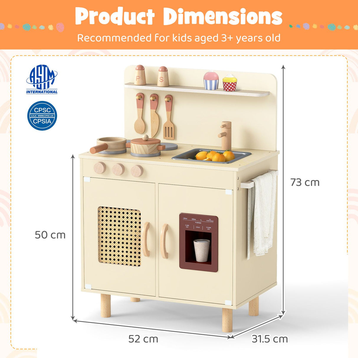Wooden Pretend Kitchen Playset with Realistic Ice Maker and Accessories