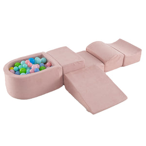 A 5-piece soft playset for children including a slide, step, half-moon, concave shape, and a ball pit filled with colorful balls, all in a pink color made from suede and sponge material.