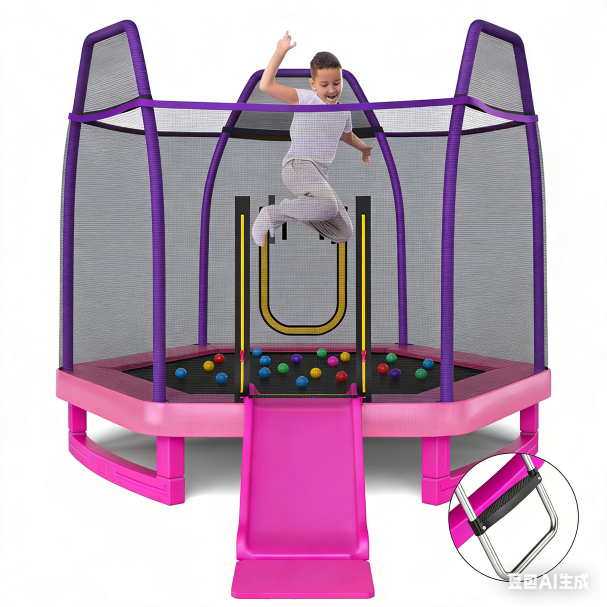 HONEY JOY Trampoline for Kids, 7FT Kids Trampoline w/Slide, Ladder & Ocean Balls, Indoor Outdoor Trampoline