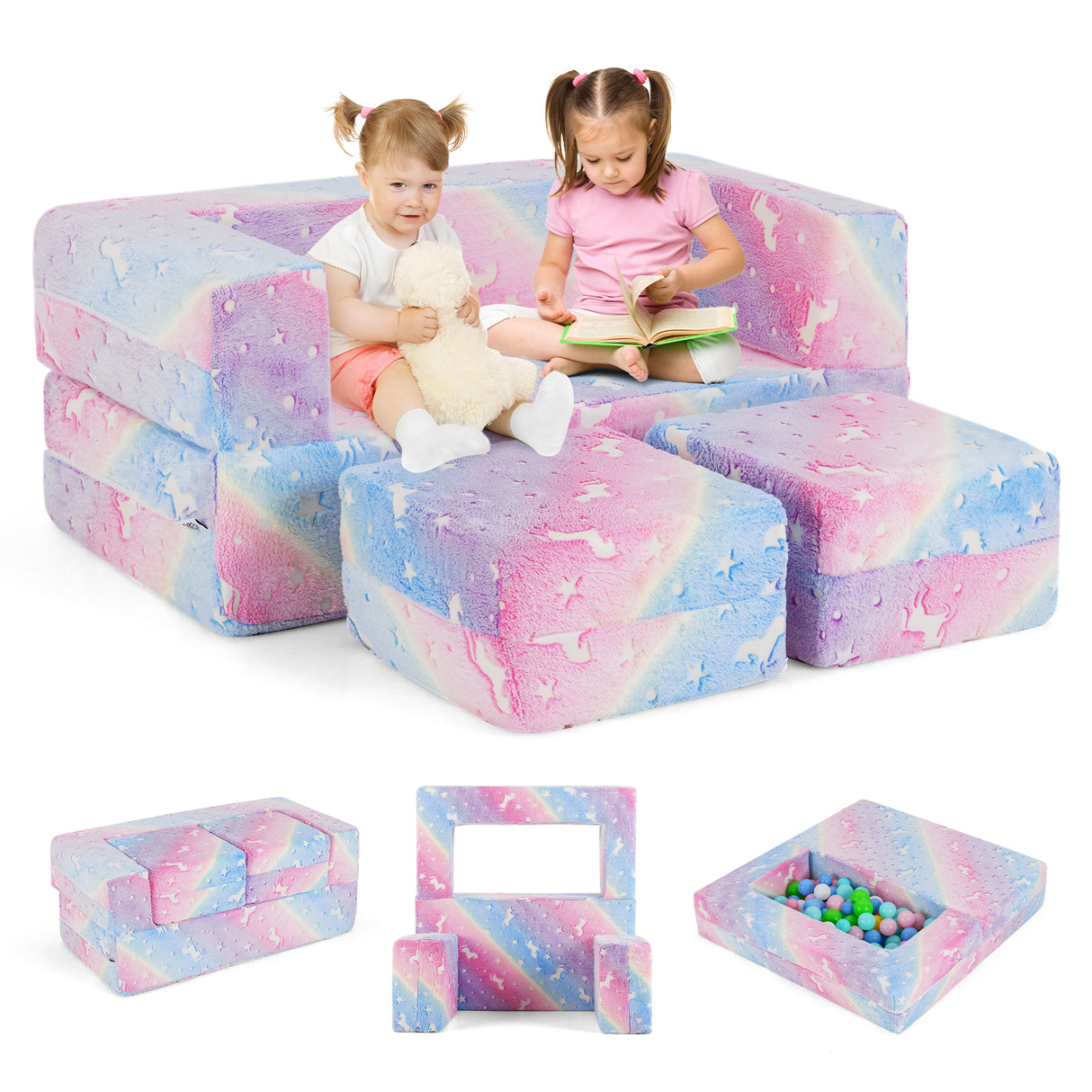 2 Seater Kids Play Couch, Glow in the Dark Modular Sofa Play Set for Toddlers, 3-in-1 Baby Fold out Sofa