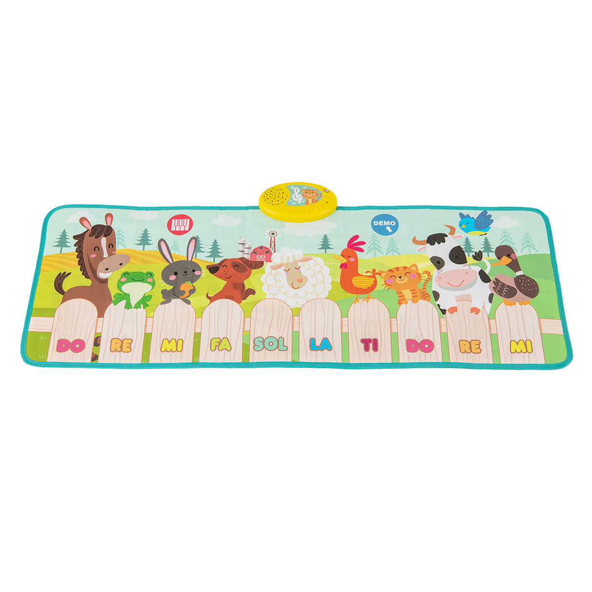 Music-themed play mat with animal illustrations and musical notes on a white background