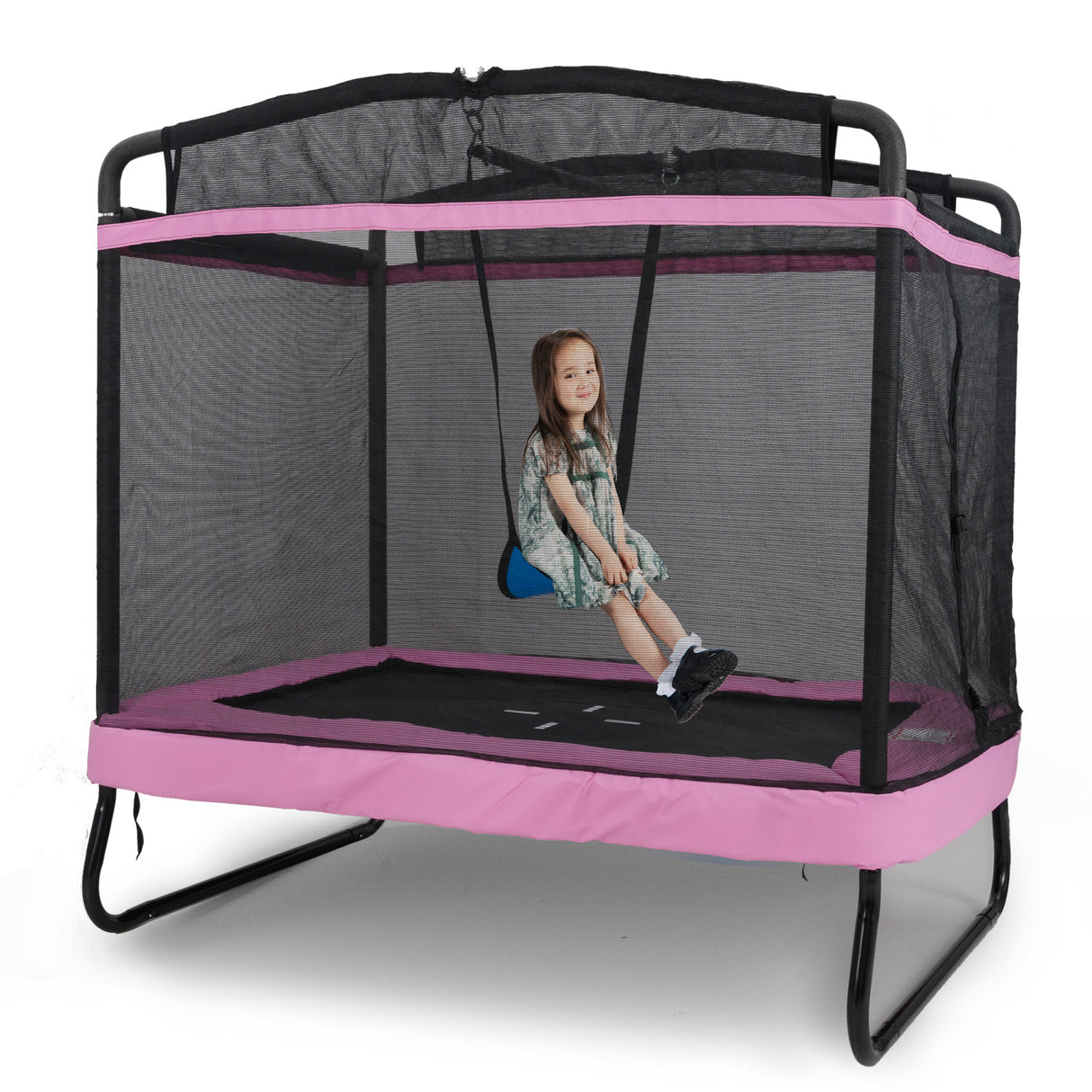 Pink and black trampoline with a child on a swing inside, on a white background