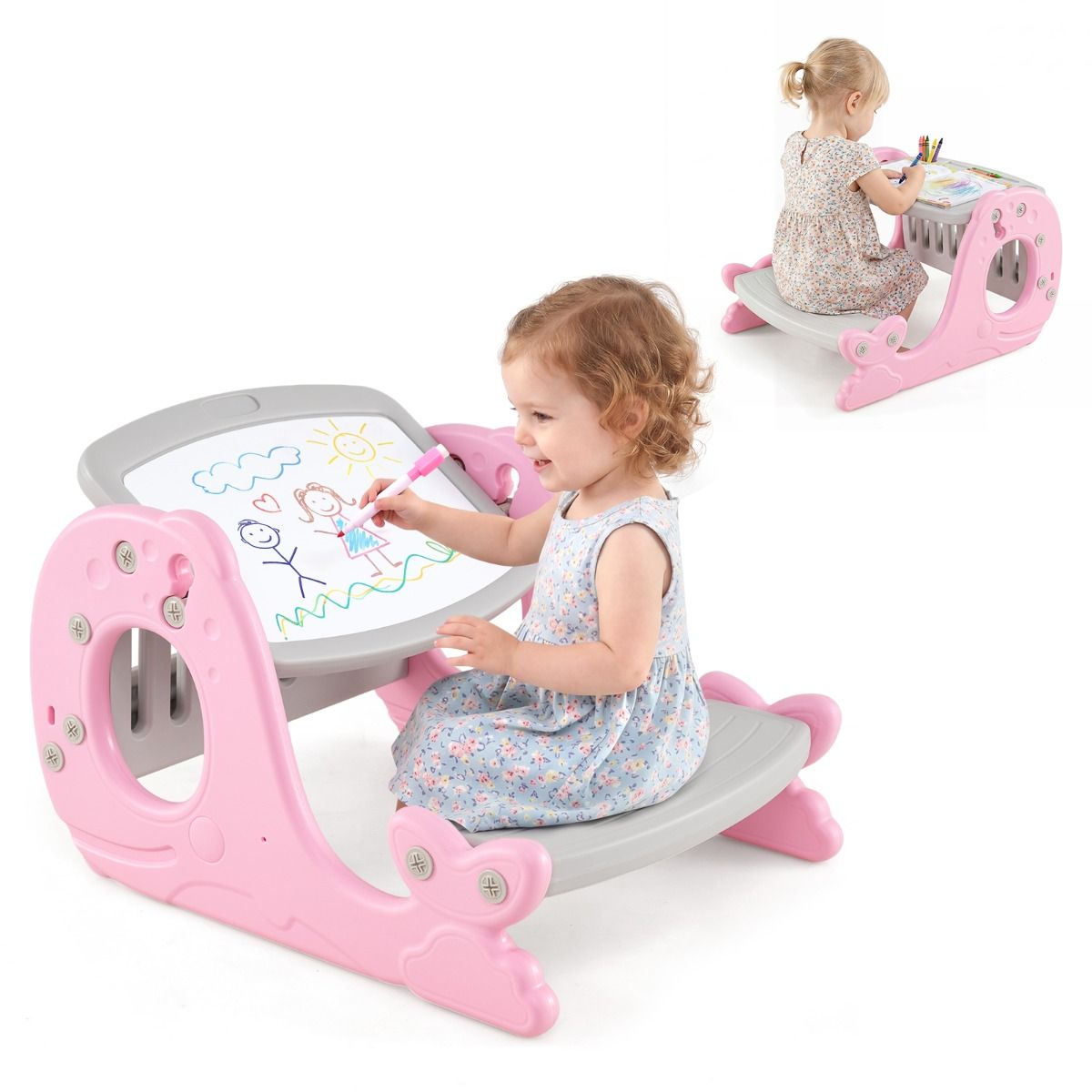 HONEY JOY Convertible Kids Activity Table Set, Multi-Functional Angle-Adjustable Toddler Easel w/Erasable Whiteboard, Whale Shape