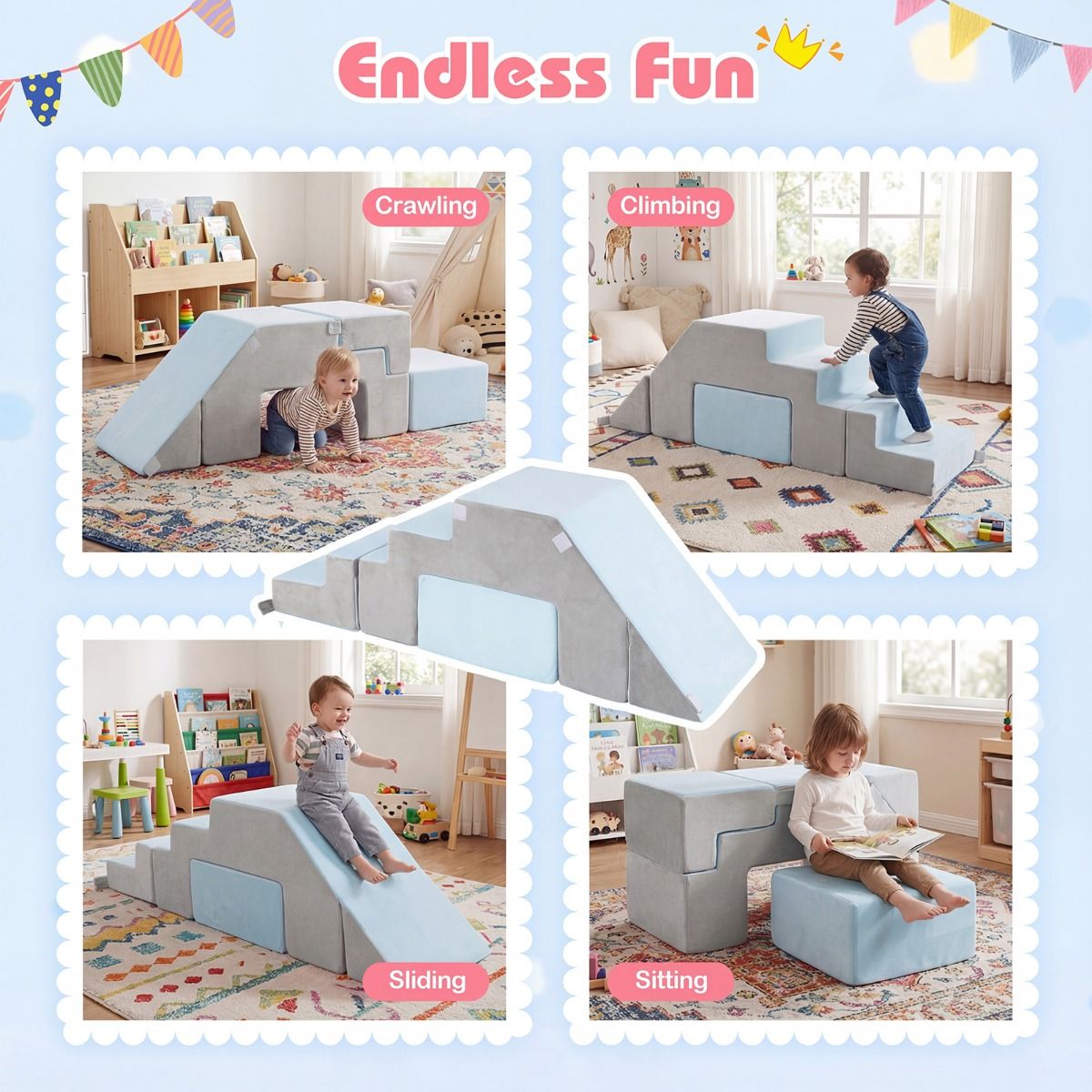 4-in-1 Foam Climbing Blocks with Slide and Stair