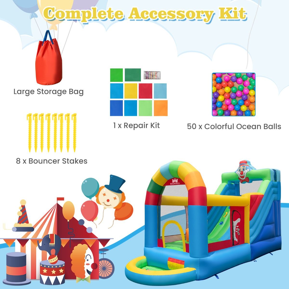 Clownland Bouncy Castle with Climbing Surface and Long Slide