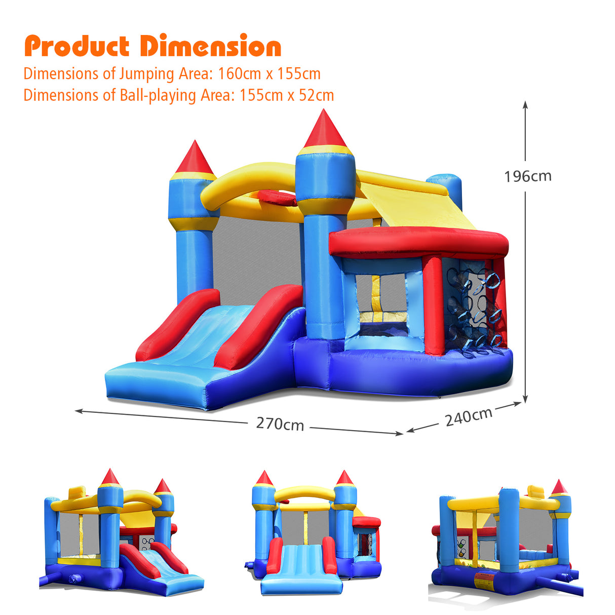 Inflatable castle with dimensions labeled on a white background
