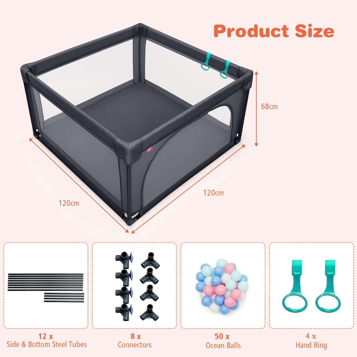 BABY JOY Baby Playpen Large Play Activity Center for Babies w/50 Balls, 2 Pull Rings