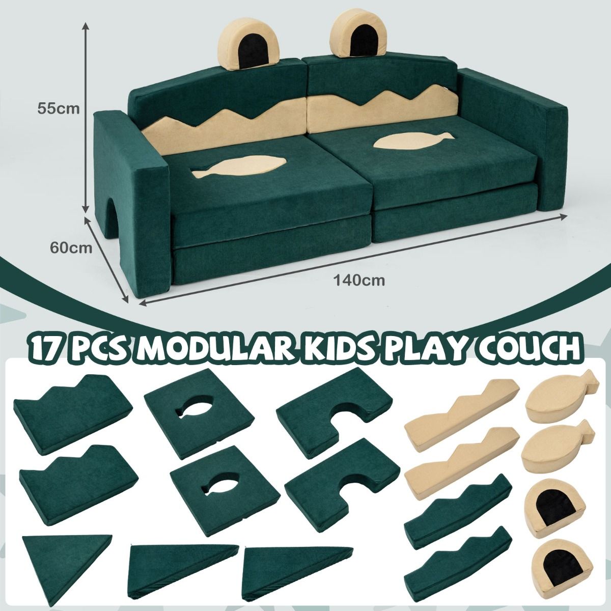 17 Pieces Crocodile Theme Toddler Foam Building Fort