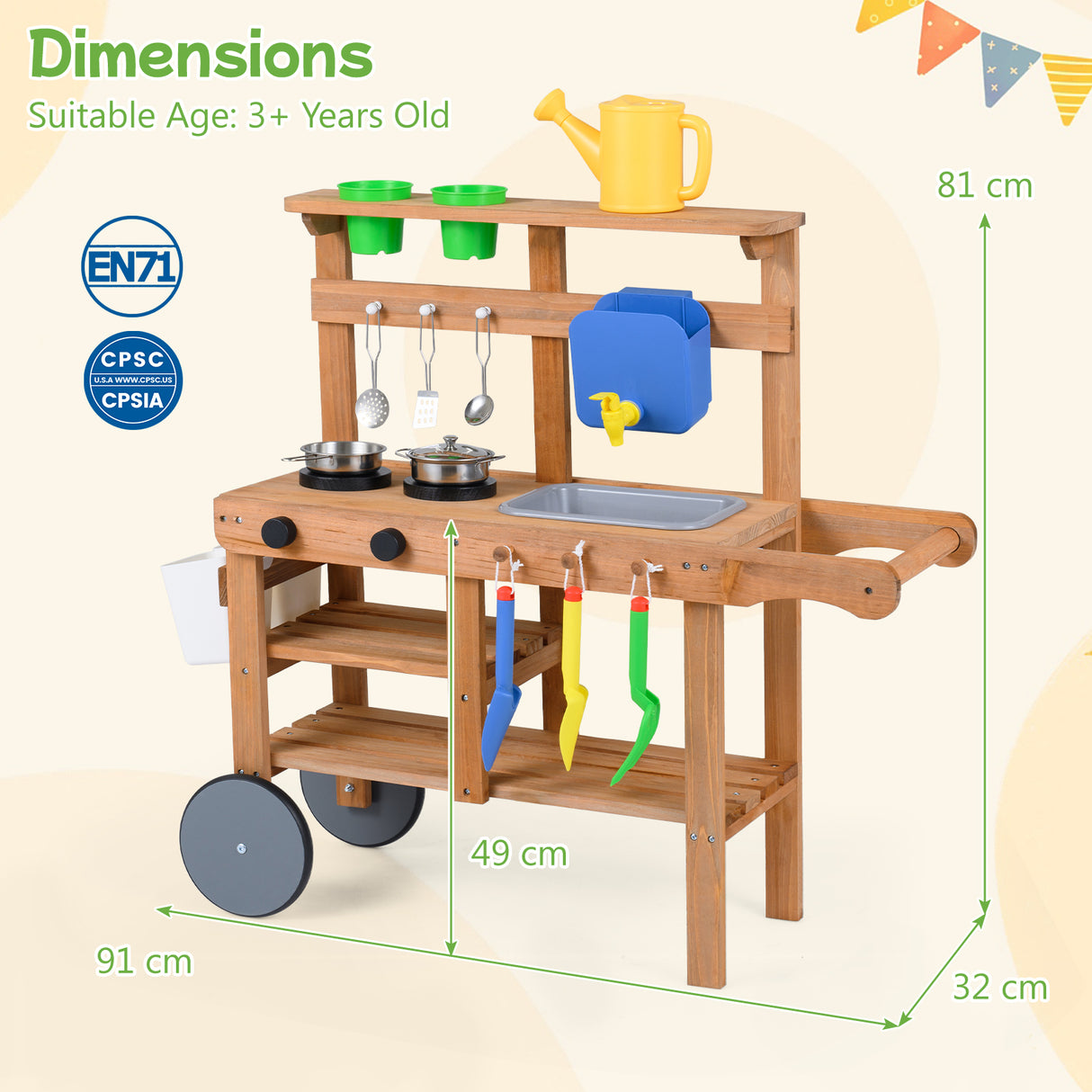 Rolling Outdoor Play Kitchen with Wheels for Boys Girls Ages 3 Plus