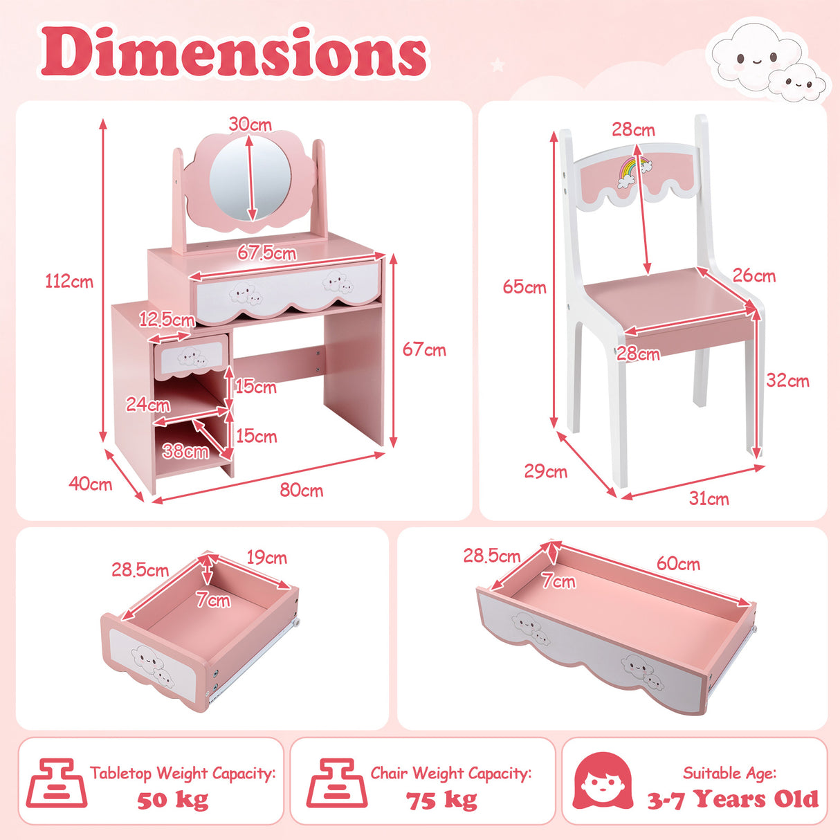 Kids Vanity Set with 360° Rotating Mirror & Chair for Girls