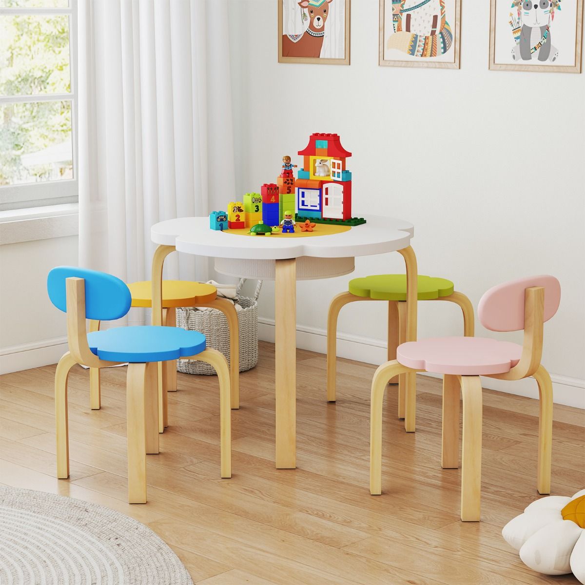 Flower-shaped Children Table Set with 2 Colorful Chairs and Stools