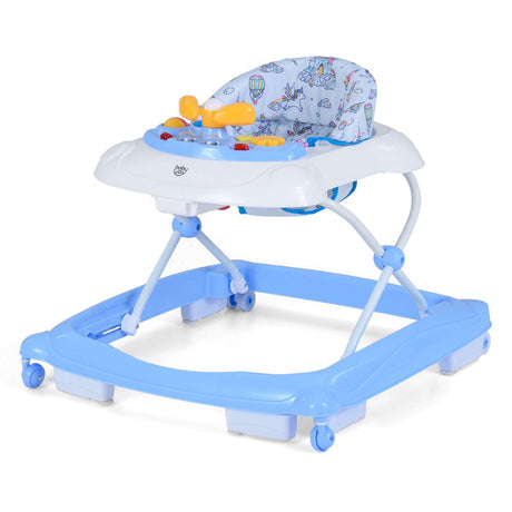 Blue baby walker with toys on a white background