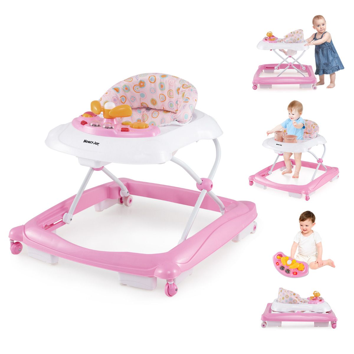 Pink baby walker with toys and a child using it on a white background