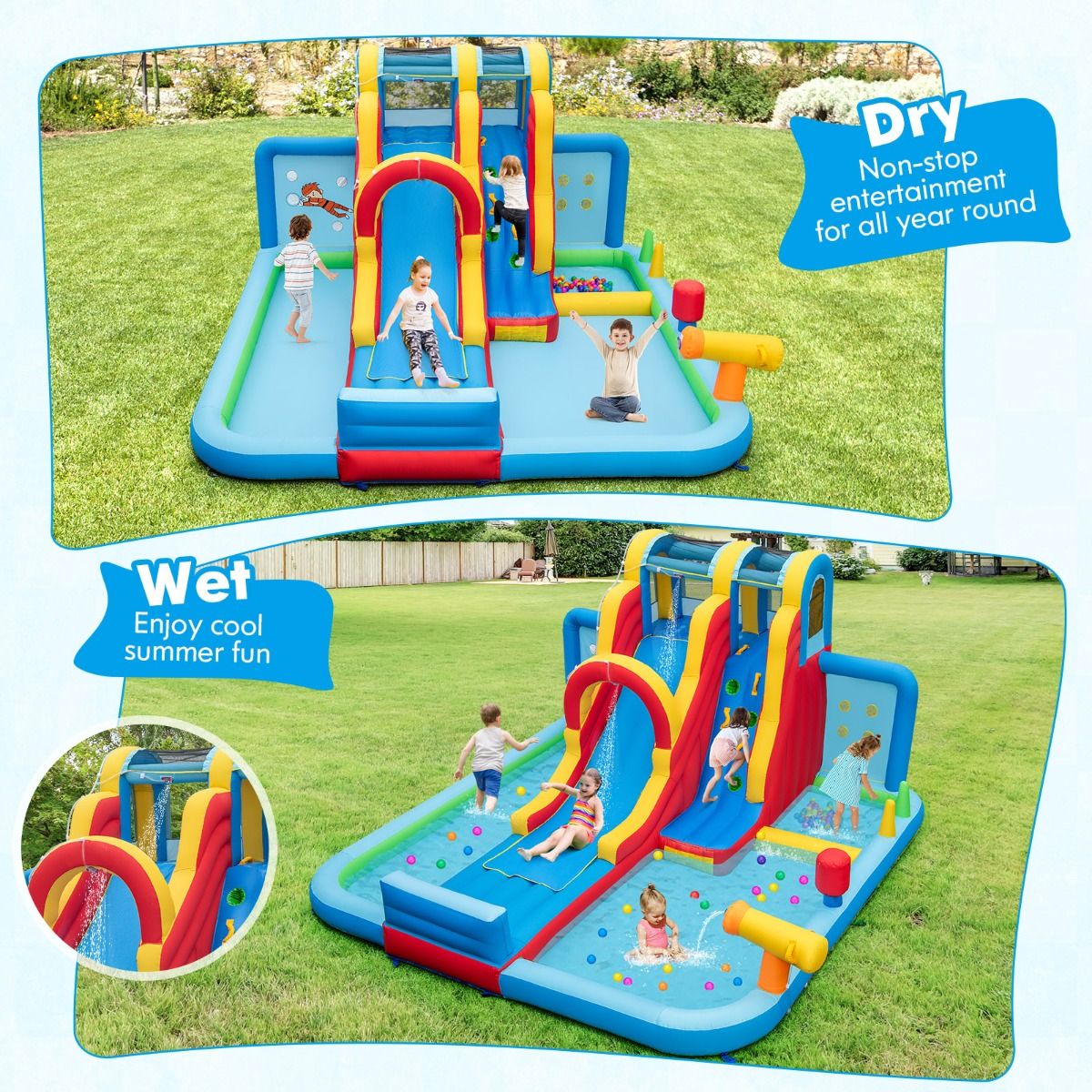 Inflatable water slide with children playing on grass, labeled for dry and wet use.