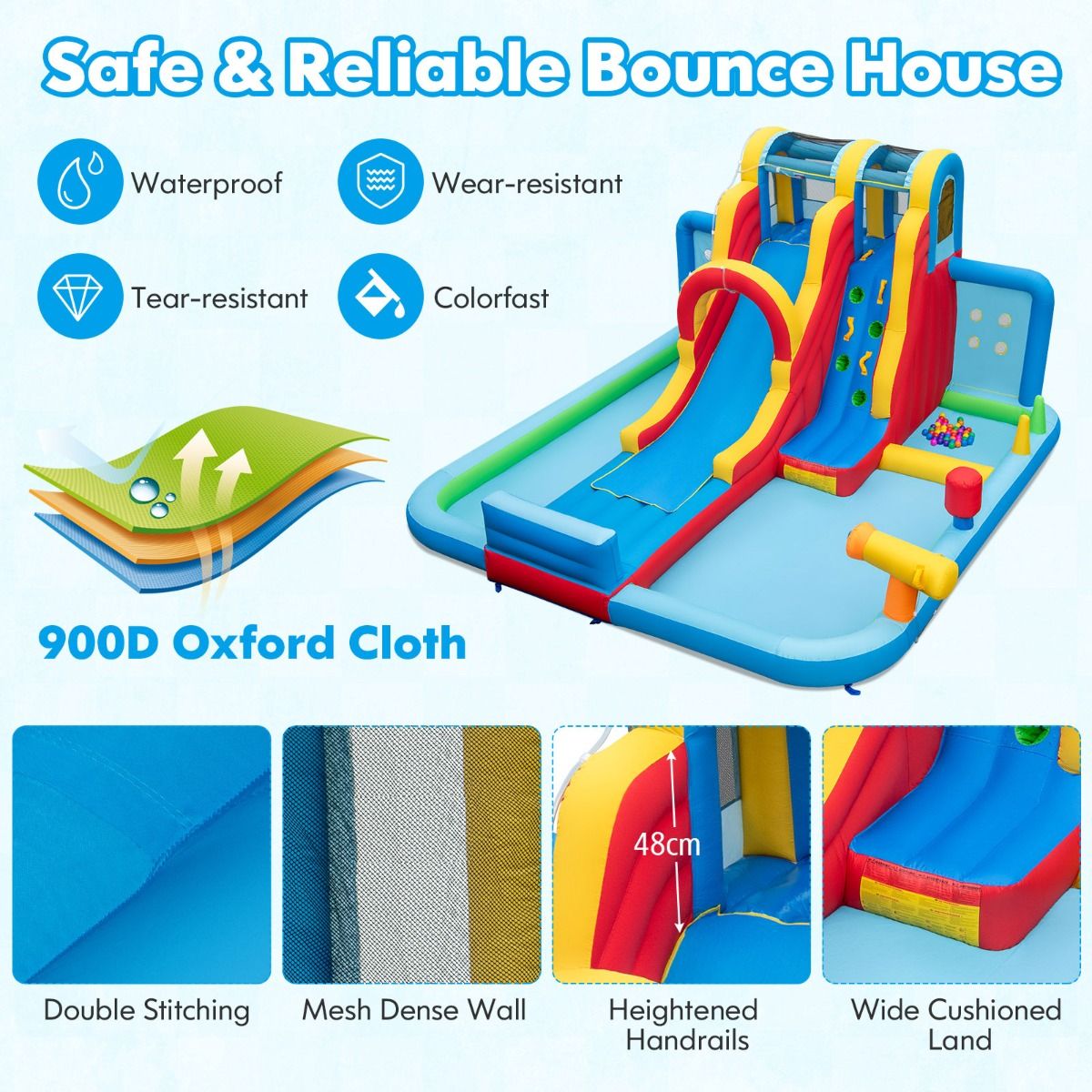 Inflatable bounce house with safety features and material details on a white background