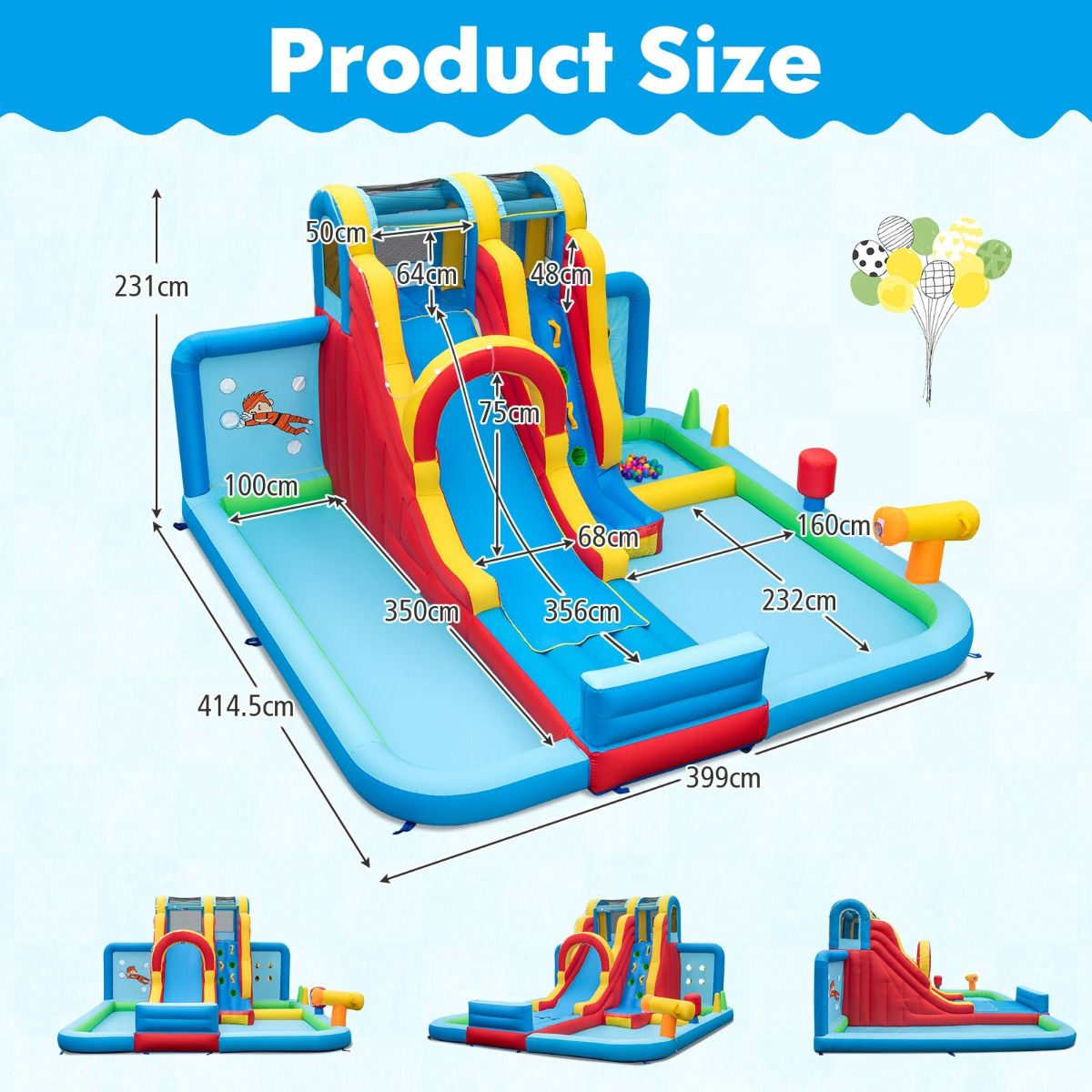Inflatable water slide with dimensions labeled on a blue background