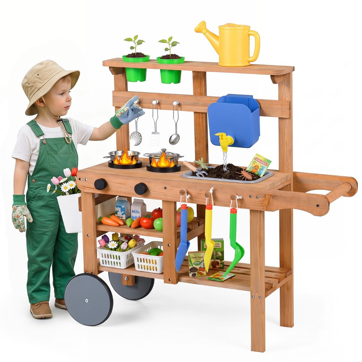 Rolling Outdoor Play Kitchen with Wheels for Boys Girls Ages 3 Plus