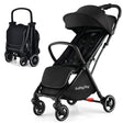 A black BABY JOY lightweight baby stroller with adjustable canopy, shown both folded and unfolded, with a push handle and storage basket.