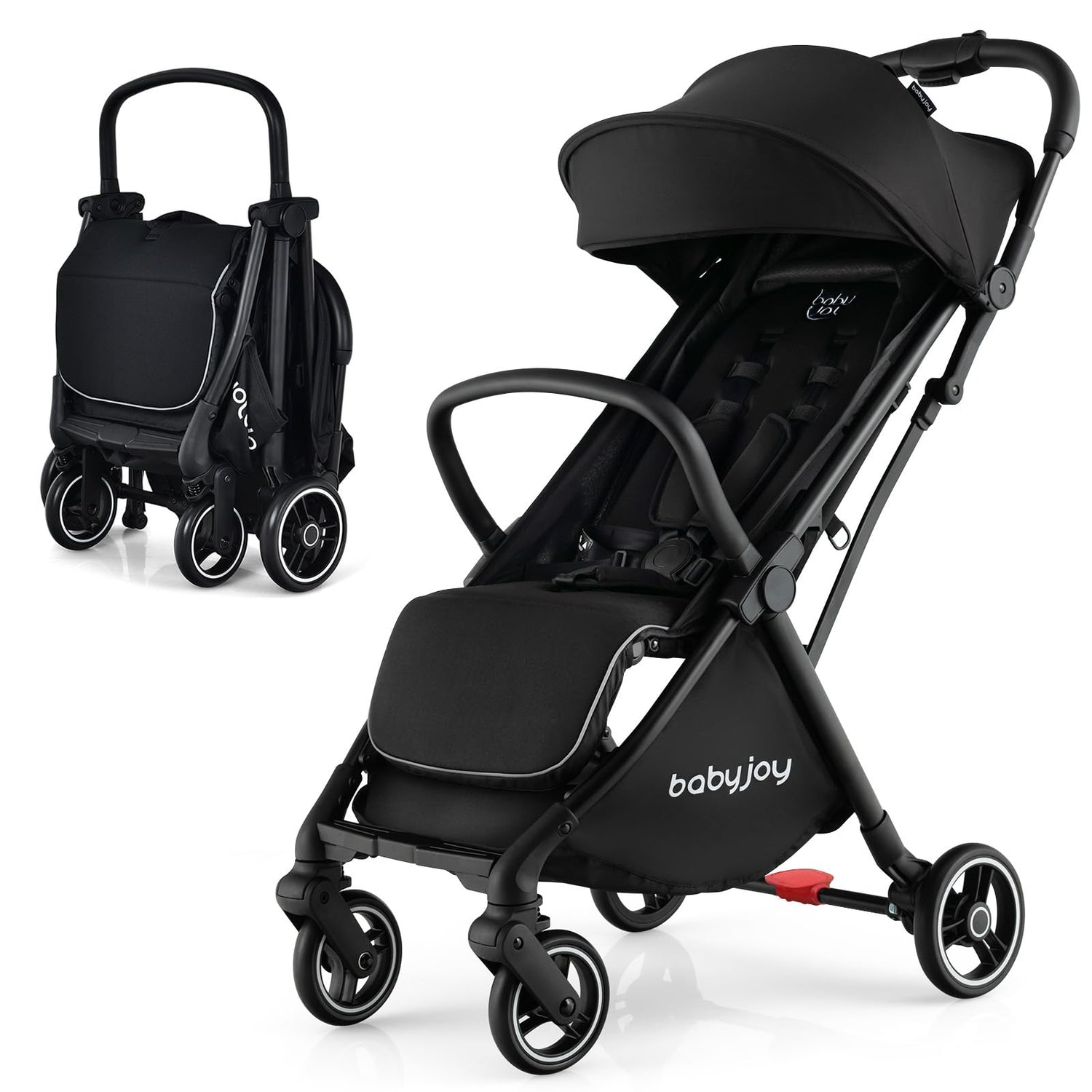 A black BABY JOY lightweight baby stroller with adjustable canopy, shown both folded and unfolded, with a push handle and storage basket.