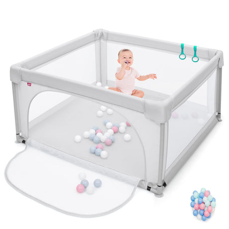 BABY JOY Baby Playpen Large Play Activity Center for Babies w/50 Balls, 2 Pull Rings