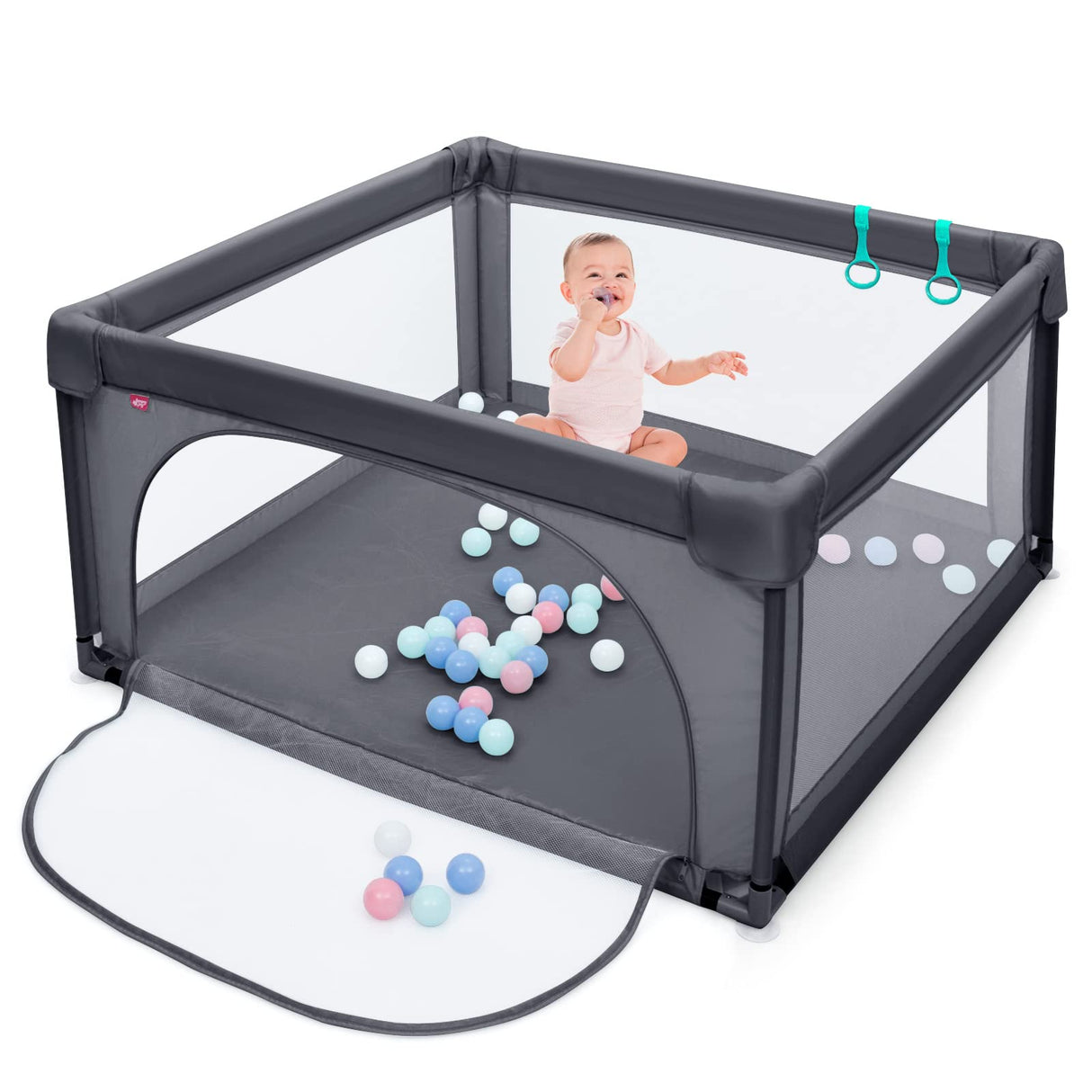 BABY JOY Baby Playpen Large Play Activity Center for Babies w/50 Balls, 2 Pull Rings
