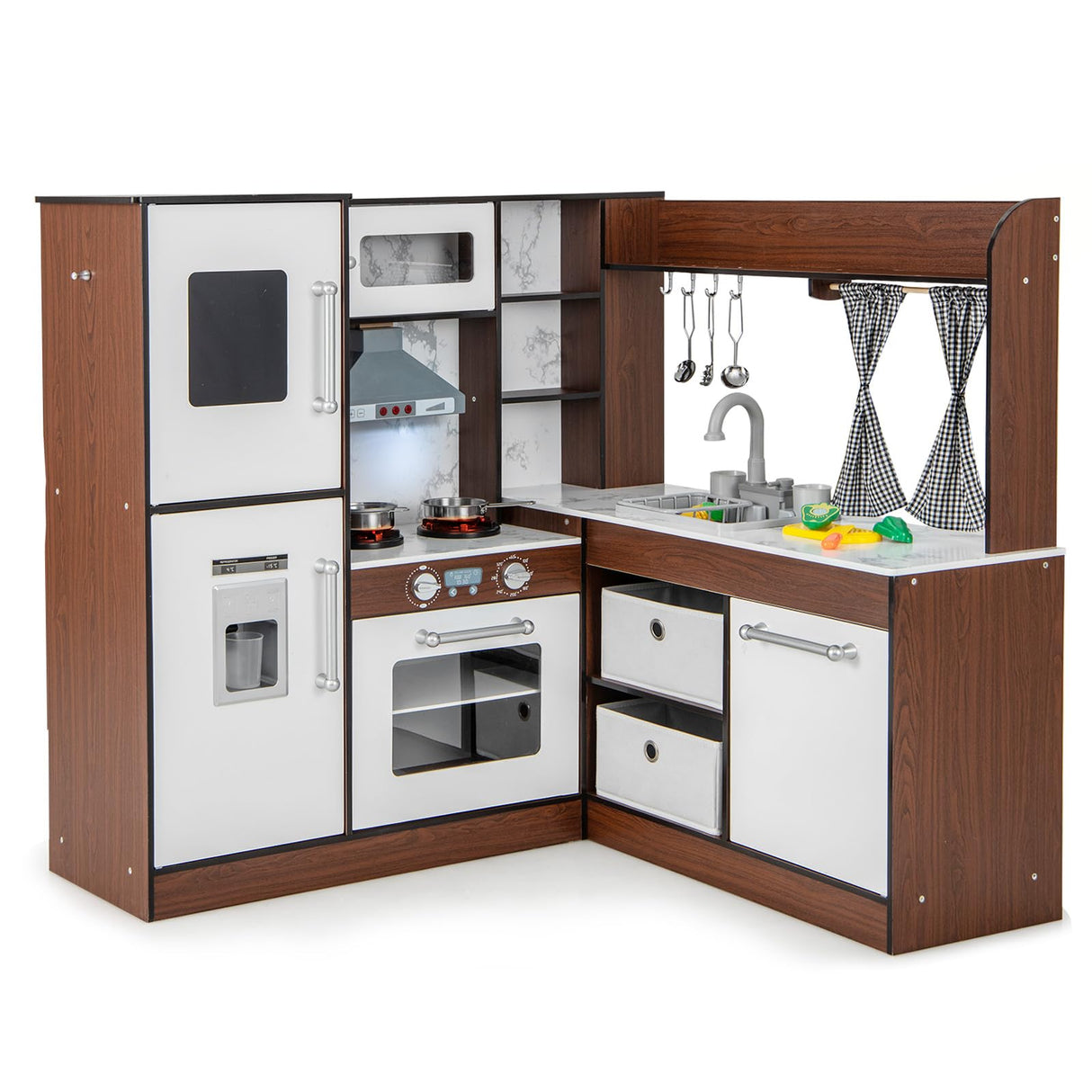HONEY JOY Wooden Corner Play Kitchen, Toddler Kitchen Playset w/Lights & Sounds