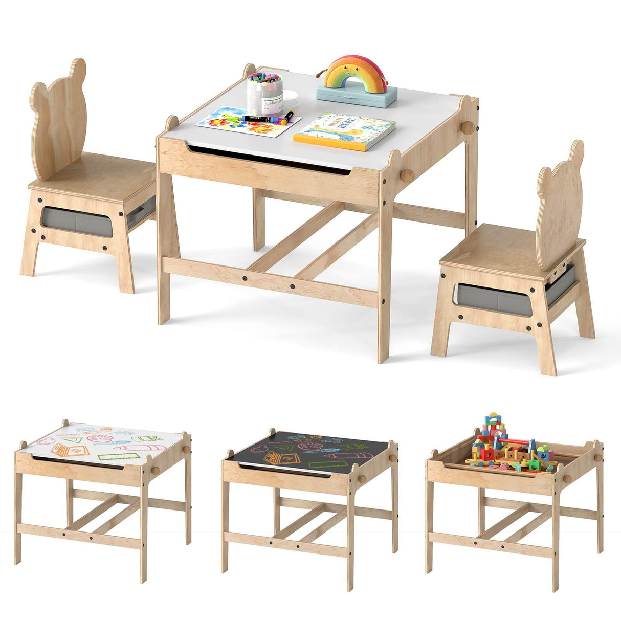 4-in-1 Kids Table and Chairs Set with Reversible Whiteboard for Arts Bear Style