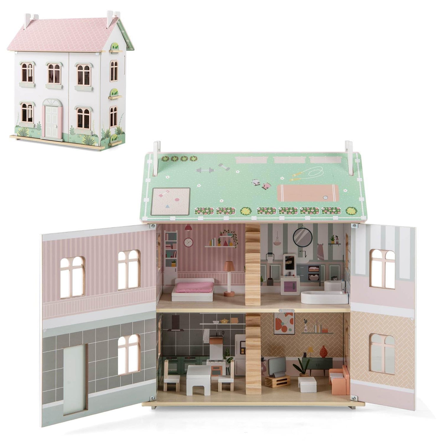 HONEY JOY Kids Wooden Dollhouse, 3 Level Doll House Playset