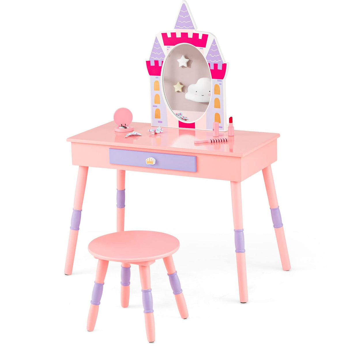 HONEY JOY Kids Vanity Set, Dressing Table for Children with Mirror and Stool, Princess Makeup Table