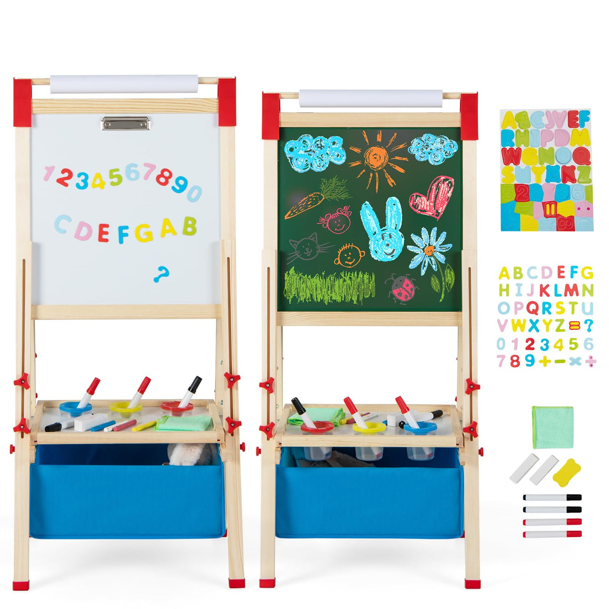 Children's wooden art easel with chalkboard and whiteboard, adjustable height, storage space with painting cups, and colorful letters. The easel is set against a white background and also has a blue storage bag.