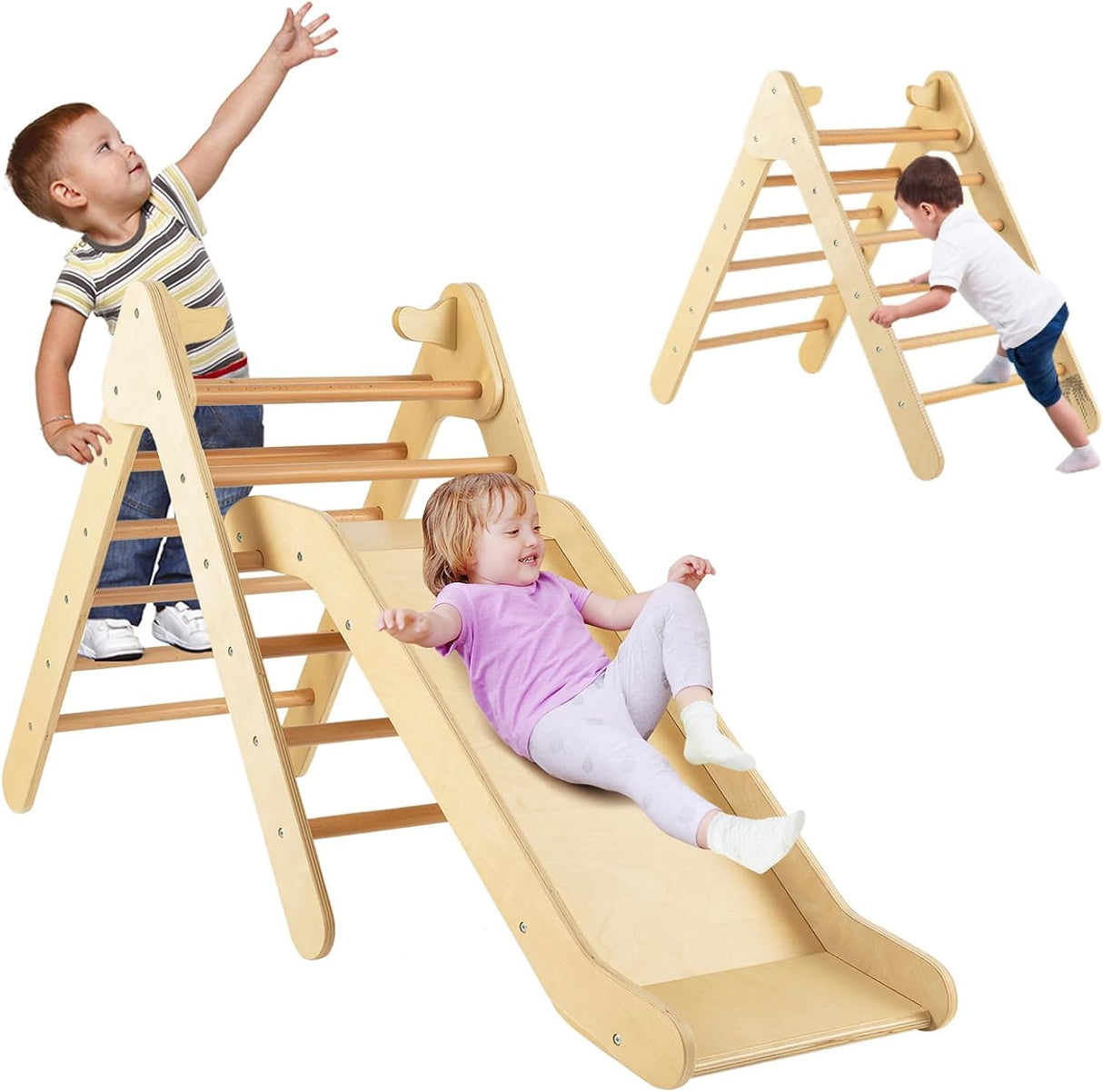 HONEY JOY Wooden Climbing Triangle Ladder for Kids, 2 in 1 Pikler Triangle Climber with Ramp for Slide