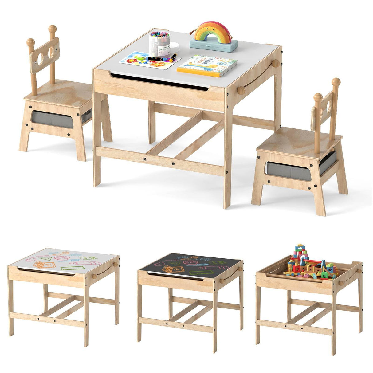 4-in-1 Kids Table and Chairs Set with Reversible Whiteboard for Arts Robot Style