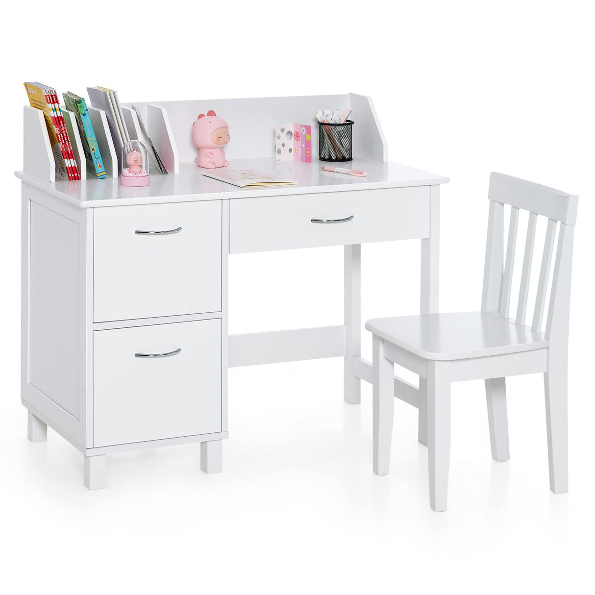 Kid's Study Desk & Chair Set, Children Table with Wide Desktop for 3+ Years Old Boys and Girls