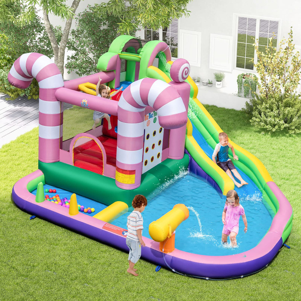 HONEY JOY Inflatable Water Slide, Wet Dry Inflatable Water Park Jumping Castle