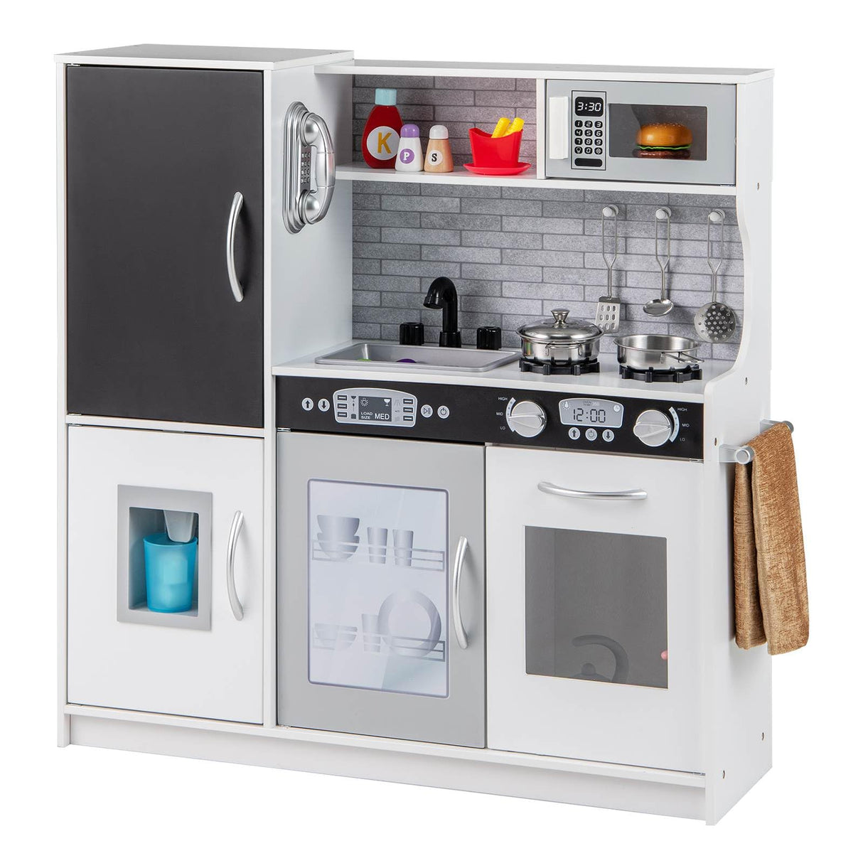 A white pretend play kitchen with blackboard, phone, microwave, ice maker, dishwasher, and oven. Includes accessories like a skillet, stockpot, and utensils.