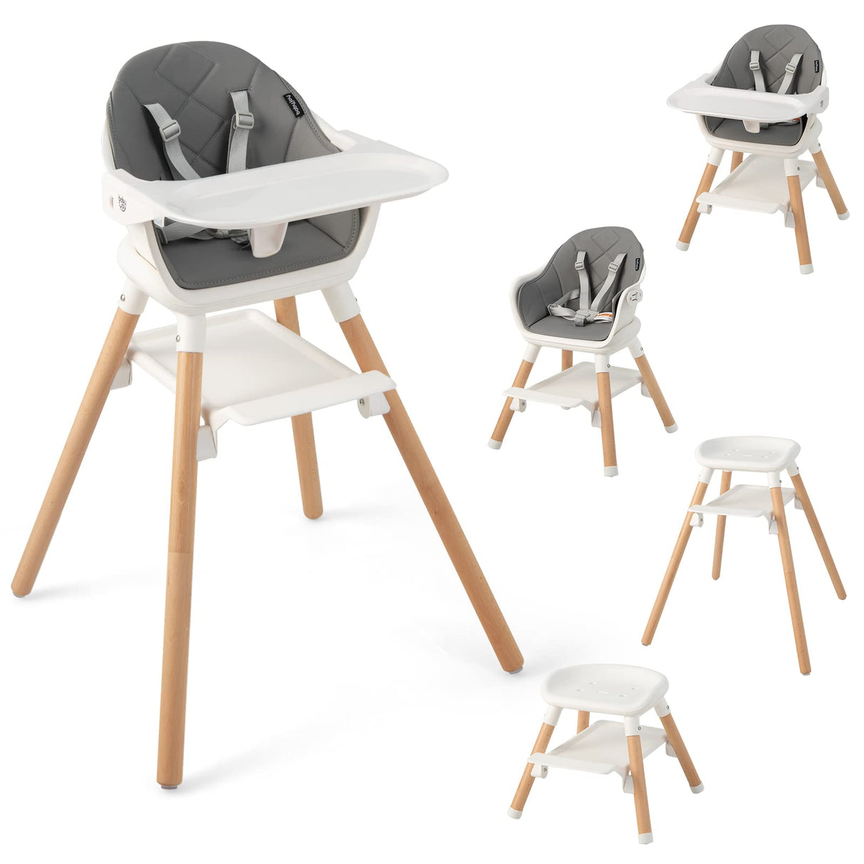BABY JOY 6-in-1 Convertible Wooden High Chair Baby Highchair up to 6 Years Old